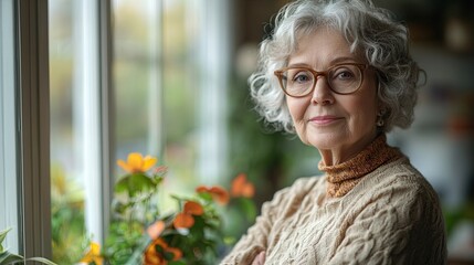 Wall Mural - a portrait of a senior woman standing at home looking out of a window