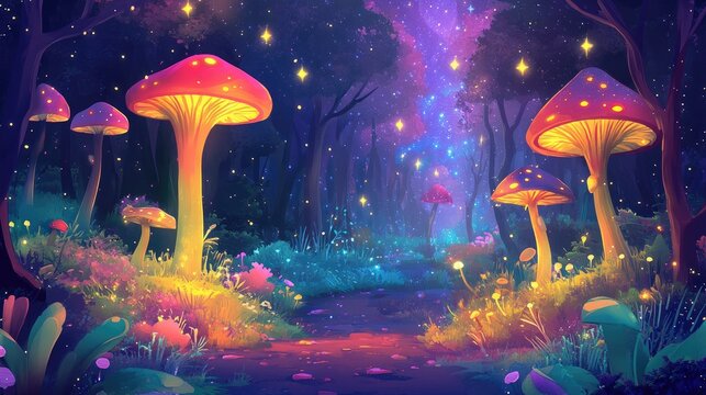 A colorful cartoon art background of a magical forest with tall trees, glowing mushrooms, and sparkling stars.