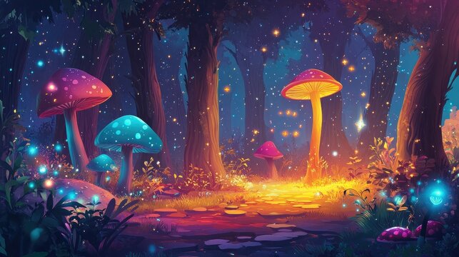 A colorful cartoon art background of a magical forest with tall trees, glowing mushrooms, and sparkling stars.