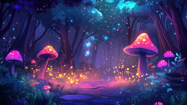 A colorful cartoon art background of a magical forest with tall trees, glowing mushrooms, and sparkling stars.