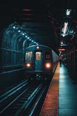 An urban subway train halts at an atmospheric underground station, casting dramatic shadows and neon lighting, capturing the essence of city life and movement.