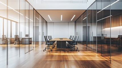 Modern office with a glass wall partition separating the meeting room from the main office area. There is a wooden table and black chairs inside the meeting room.