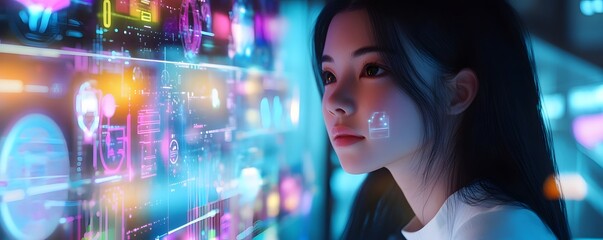 Fototapete - A young woman gazes thoughtfully at a vibrant digital screen filled with colorful data and graphics, symbolizing innovation.