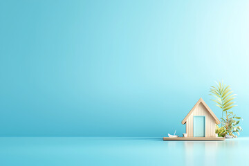 A minimalistic wooden house model against a vibrant blue background, symbolizing tranquility and modern design in home decor.