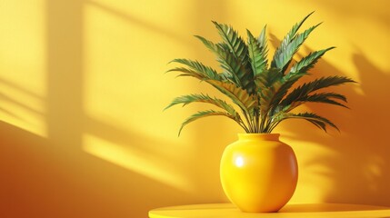 Poster - Bright Yellow Vase with Green Plant Against Yellow Background