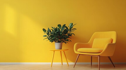 Sticker - Bright Modern Interior with Yellow Chair and Green Plant