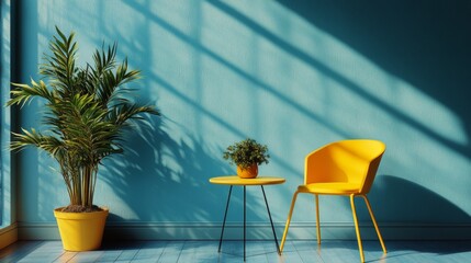 Canvas Print - Modern Minimalist Interior with Yellow Chair and Potted Plant