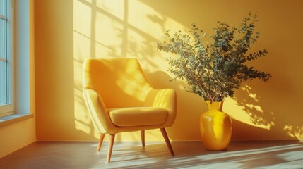 Sticker - Yellow Interior Sunlit Room with Armchair and Vase