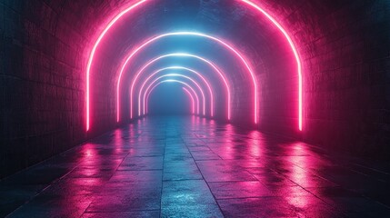 Wall Mural - abstract black backgroun with pink an blue neon glowing lines that exten into the distance form a circle an disappear motion spee of light an hypertunnel moving away