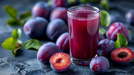 Wall Mural - Refreshing plum juice surrounded by ripe plums on a textured dark background