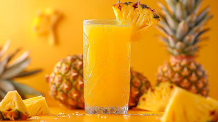 Refreshing tropical drink served in a glass with fresh pineapples around