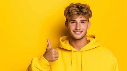 Poster - A man in a yellow hoodie is giving a thumbs up. The image has a positive and cheerful mood