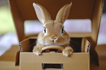 A cute rabbit playfully driving a cardboard car, showcasing creativity and charm in a whimsical setting.