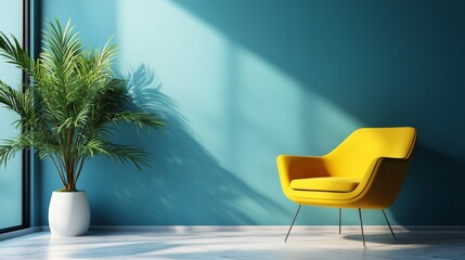 Canvas Print - Modern Interior with Yellow Chair and Green Plant