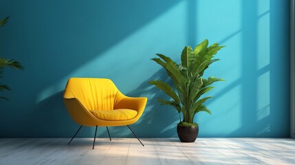 Canvas Print - Modern Interior with Yellow Chair and Green Plant