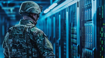 Aufkleber - A soldier in a camouflage uniform stands in front of a row of computer servers