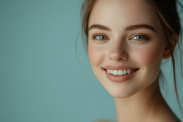 A beautiful woman close-up, facial skin care display