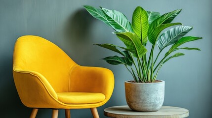 Sticker - Modern Interior Design with Yellow Chair and Green Plant