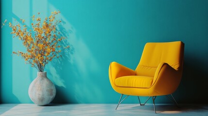 Canvas Print - Stylish Yellow Chair Against Teal Wall with Decorative Vase