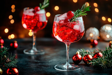 Wall Mural - Cranberry christmas cocktail with rosemary decoration in glass on dark background