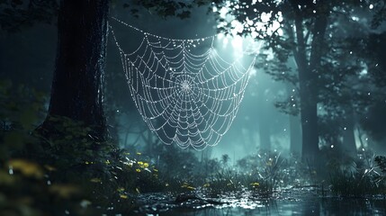 Delicate Spider Web Catching Nature s Reflections in a Peaceful Forest Scene