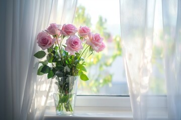 Aufkleber - Room window sill with beautiful flowers and text space
