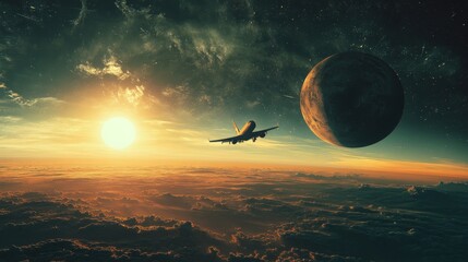 Poster - Spaceship Soaring Near Alien Planet Amidst Cosmic Wonders