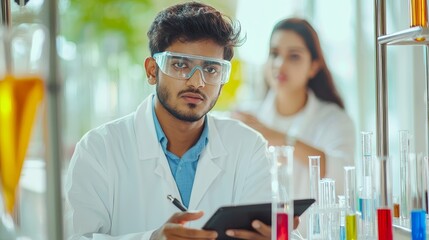 Poster - Analyzing samples in a modern medical research laboratory and discussing innovative technology with two scientists. Advanced laboratory for medicine, biotechnology, and molecular biology.
