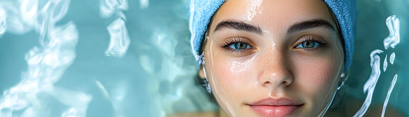 Wall Mural - A woman is in a bathtub with a blue towel on her head