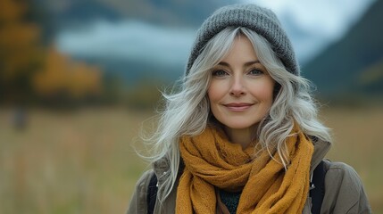 Canvas Print - cheerful senior woman in nature on early morning with fog and mountains in background