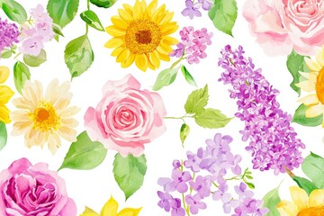 Wall Mural - Watercolor painting with bright flowers on an isolated white background