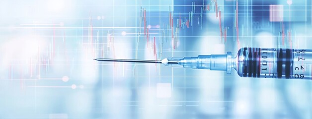 Aufkleber - Background of a medical science lab with a syringe and hand-held flask and cylinder in soft white blue light, and a market stock graph banner in the background