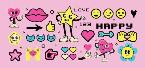 Fototapete - Retro set of icons of 90s. Pop art sticker collection for 1990 born baby. Badge for hipsters with sunglasses, boombox and roller, cassette. Vintage isolated element.