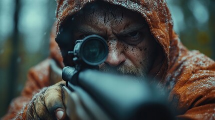 close up of hunter man charges the cartridge on rifle gun in forest