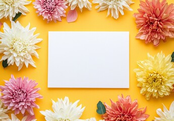 Fototapete - A beautiful chrysanthemum flower frame with a blank card that is flat laid on a yellow background.