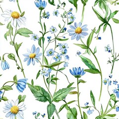 Poster - Blue and white watercolor seamless pattern of wild flowers on a light background. Floral fabric textile packaging design illustration.