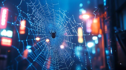 Glowing Urban Web A Nocturnal Arachnid s Silhouette in the Streetlight s Glow