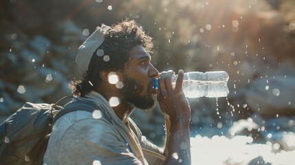 A man is drinking water from a bottle while sitting on a rock