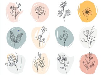 Set of watercolor round icons in pastel warm colors with line art flowers in front of a watercolor background. Vintage illustration isolated on a white background.