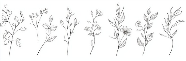 Aufkleber - Featuring a collection of foliage, leaf branches, floral, roses, and lilies in line art. Minimal style blossom illustration design for logo, wedding, invitation, or décor.