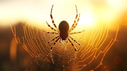 Silhouetted Spider in Softly Backlit Web at Dawn Showcases Nature s Predatory Elegance