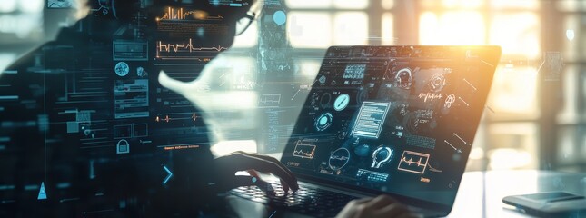 Aufkleber - Doctor working with laptop showing blue cross health plan and patient diagnosis. Digital health care and global network connections.