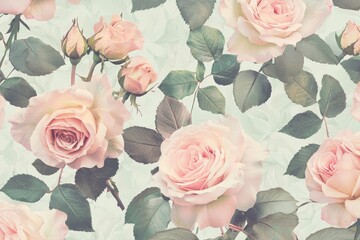 Aufkleber - Blue background with vintage pink flowers, seamless pattern