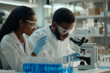 Poster - Lab-Grown Cultured Vegan Meat Sample. Medical Scientist Working on Plant-Based. Medical Biotechnology Research Laboratory Using Microscope.