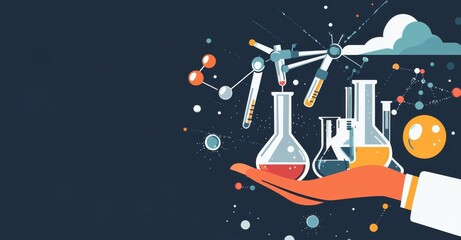 Aufkleber - Experiments with chemical or physics experiments tiny person concept. Chemistry teacher modern illustration. Liquid substances experimental research. Scientific laboratory.