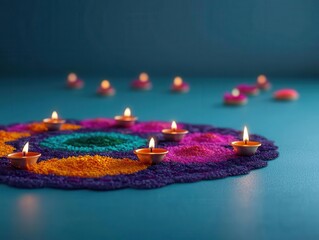 Intricate floral and geometric rangoli design on the floor surrounded by diya lamps, bright colors and cultural patterns