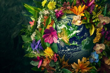 Aufkleber - The beautiful planet earth made of flowers and sprouting plants, planet day, the world inside the globe, renew, generative stock