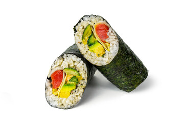 Two delicious sushi rolls filled with colorful vegetables and fresh fish sit prominently on a bright surface, inviting a savory experience