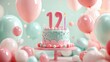 © N0X - Podium with a cake in the shape of the number of the birthday year and themed balloons, 3D render, personalized and memorable celebration