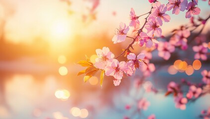 Poster - The sun shines on a spring landscape with blooming wildflowers at sunset